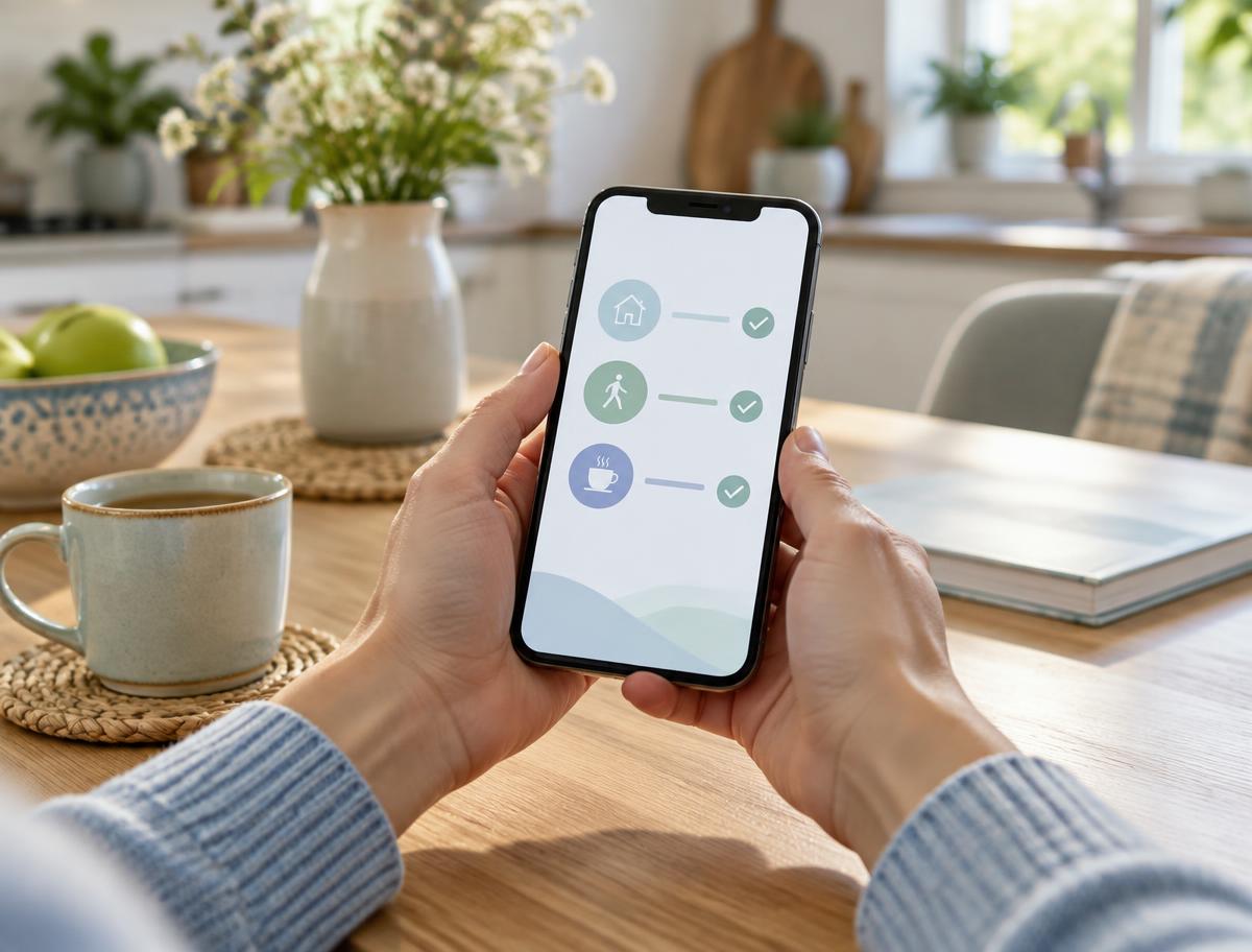Family member checking a simple reassurance app showing a calm, usual morning.